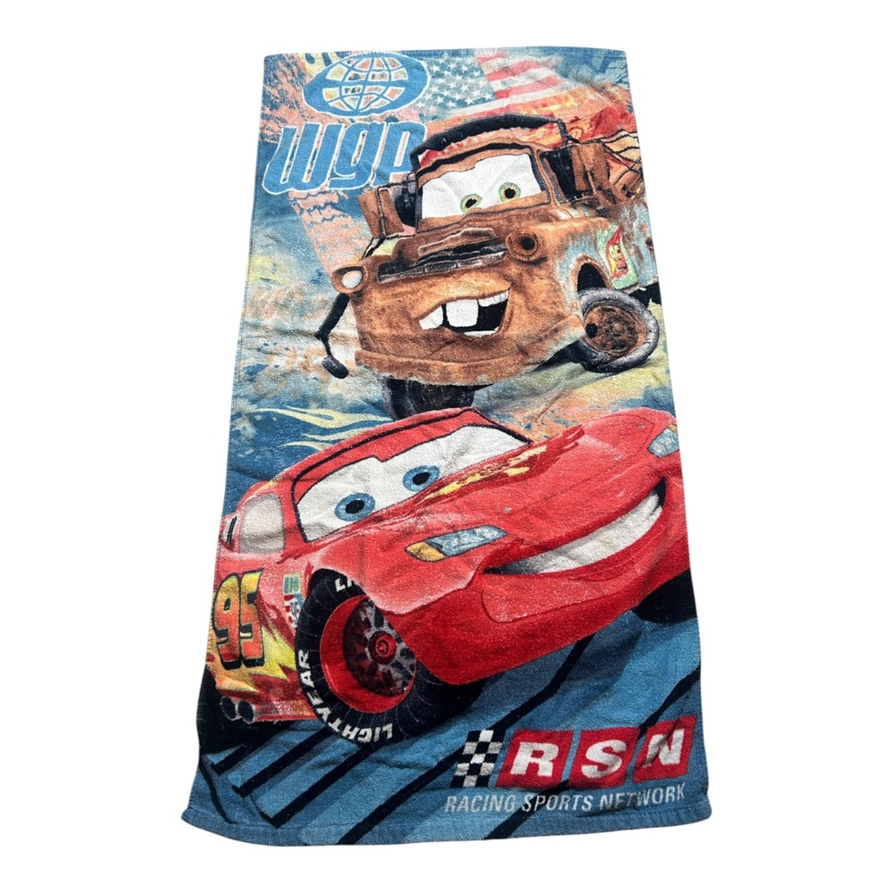VTG Disney Pixar Cars Lightning McQueen Mater Beach Towel Blue WGP RSN 
Towel